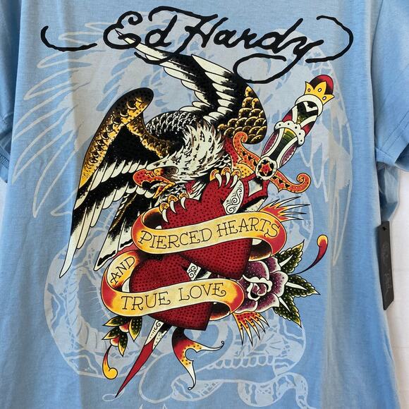 Ed Hardy Pierced Eagle Y2K Graphic Tee Tshirt Men L Blue Tattoo Goth Skater NWT - Picture 3 of 7